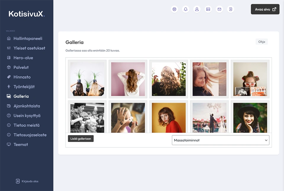 Screenshot galleriasta adminpaneelissa